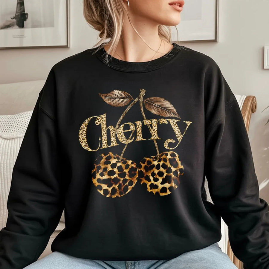 Leopard Cherry Sweatshirt | Trendy Animal Print Fruit Graphic | Soft Cotton Blend Fleece | Y2K Aesthetic Gift for Her