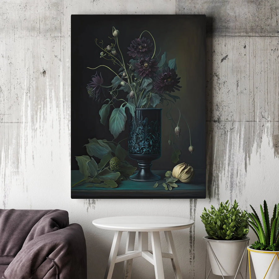 Dark Floral Vertical Canvas | Vintage Botanical Still Life Painting | Premium Gallery Wrapped Art | Moody Gothic Home Decor Gift