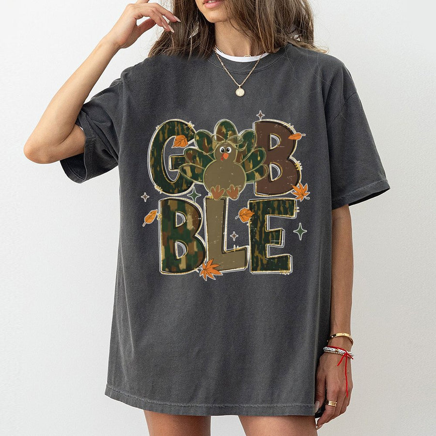 Gobble Turkey Camo T-Shirt | Distressed Brushstroke Graphic | 100% Cotton Premium Tee | Fun Thanksgiving Holiday Gift for Men Women