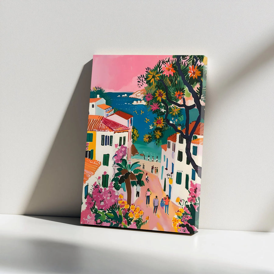 Mediterranean Coastal Village Canvas Print | Vibrant Seaside Town Artwork | Gallery Wrapped Premium Wall Decor | Amalfi Coast Inspired Gift