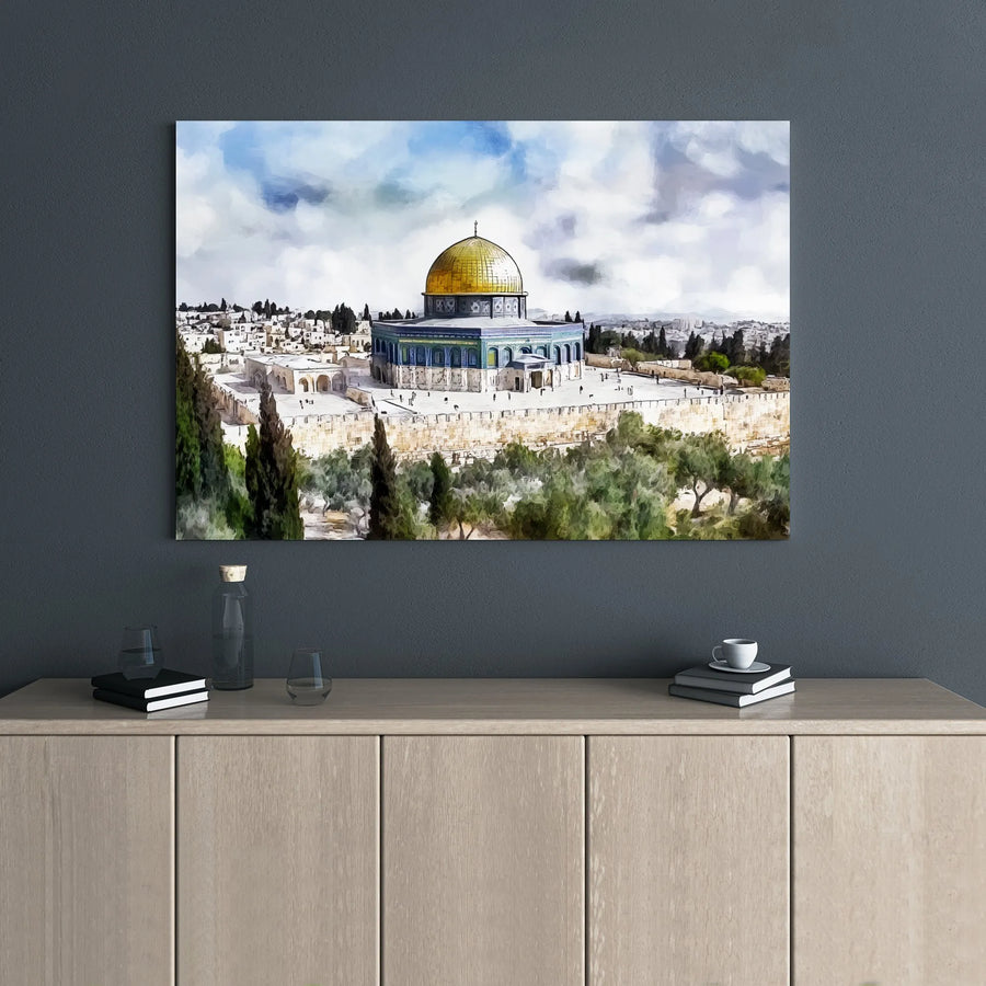 Dome Of The Rock Canvas Print | Jerusalem Watercolor Landmark Art | Premium Gallery Wrapped Wall Decor | Holy Land Gift For Home Or Office