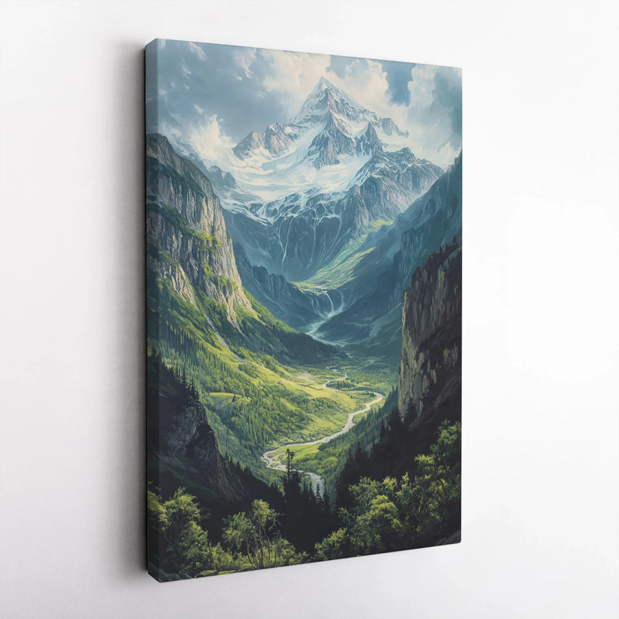 Mountain Landscape Canvas Wall Art | Snowy Peak and Green Valley | 1.25-Inch Gallery Wrap | Premium Nature Decor for Home and Office