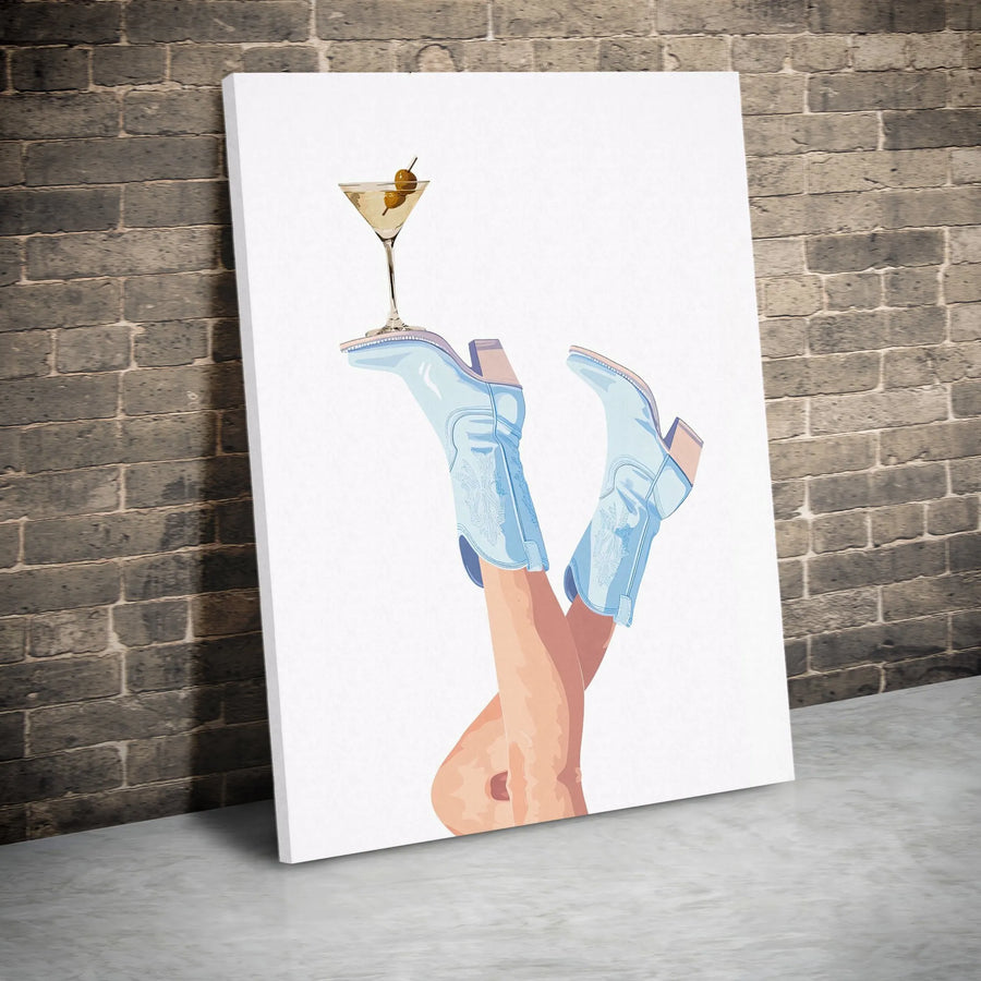Cowgirl Boots Wall Art | Blue Western Fashion Illustration | Premium Gallery Wrap Canvas | Chic Bar Cart & Home Decor Gift