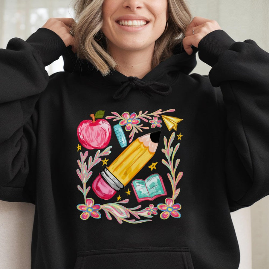 Floral Teacher Pencil Hoodie | Aesthetic School Supplies Print | Soft Cotton-Poly Blend | Back To School Gift For Educators