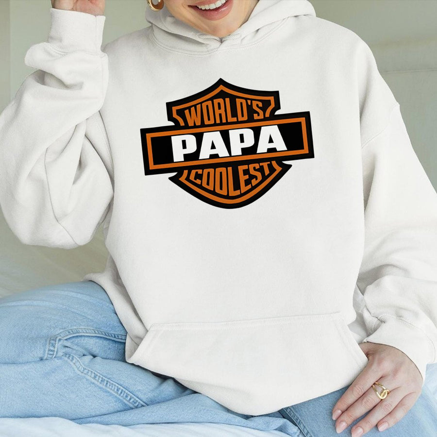Worlds Coolest Papa Hoodie | Motorcycle Club Shield Design | Cotton-Poly Blend | Father's Day 2026 Gift Idea For Grandpas And Dads