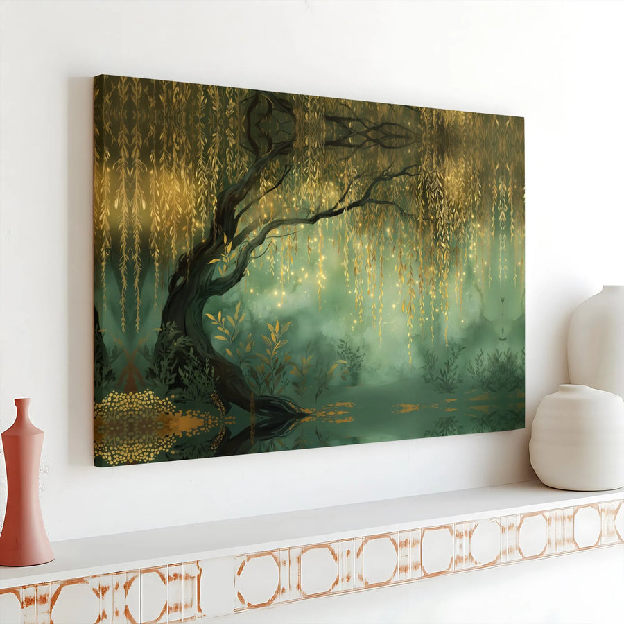 Enchanted Willow Tree Horizontal Canvas | Mystical Glowing Forest Landscape Art | Premium 1.25" Gallery Wrap | Magical Nature Wall Decor Gift for Living Room