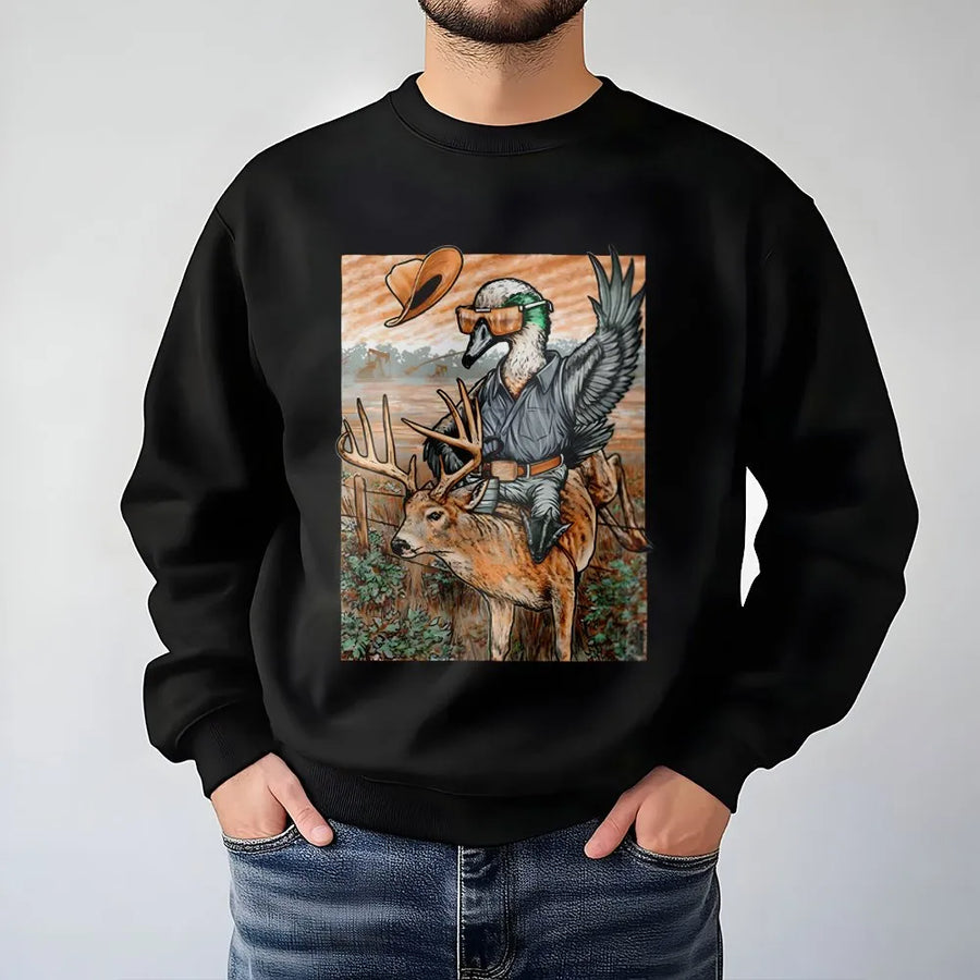 Duck Riding A Deer Sweatshirt | Funny Hunting Humor Graphic | Soft Cotton-Blend Premium Apparel | Unique Gift For Hunters And Outdoor Enthusiasts