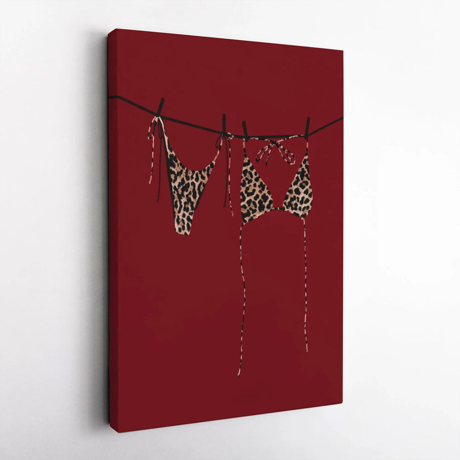 Leopard Print Bikini Vertical Canvas | Minimalist Clothesline Swimsuit Art | Premium 1.25” Thick Gallery Wrap | Cheeky Modern Bathroom Bedroom Decor Gift