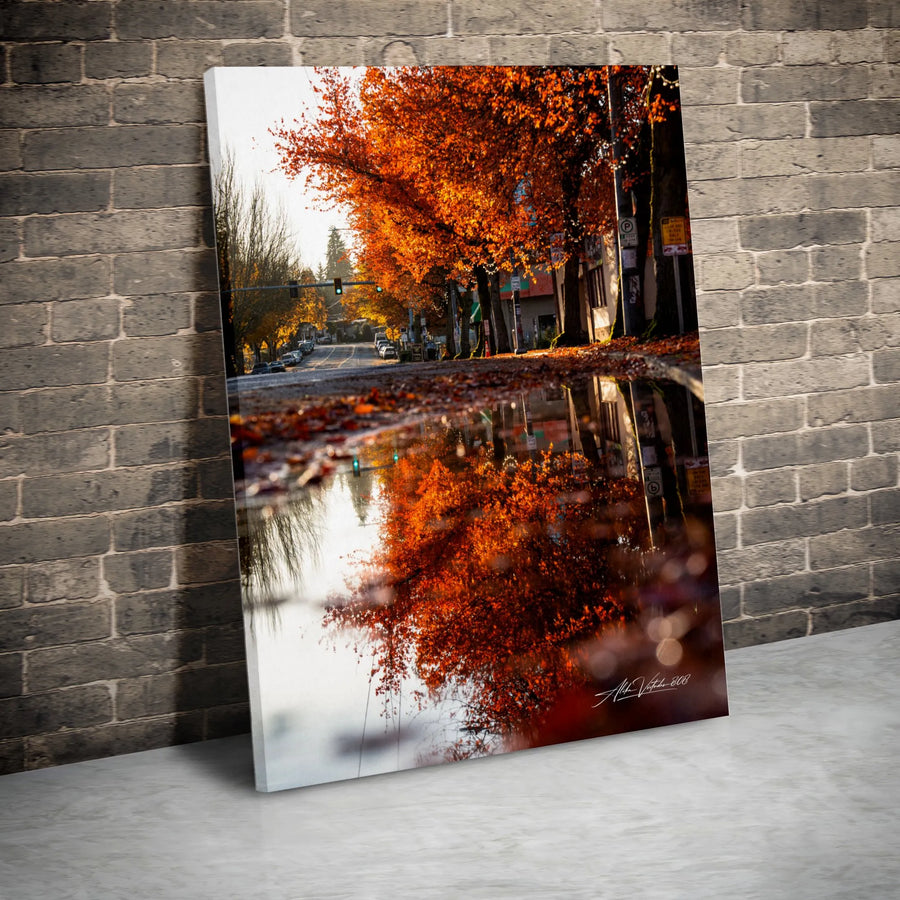 Autumn Street Reflection Canvas Print | Vibrant Fall Foliage Photography | Premium Gallery Wrapped Canvas | Modern Living Room & Office Decor Gift
