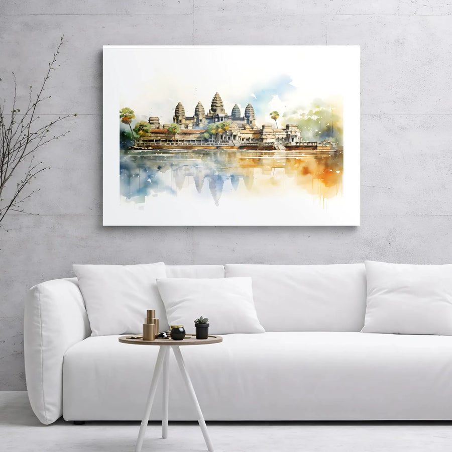 Angkor Wat Canvas Print | Watercolor Temple Reflection Wall Art | 1.25-Inch Premium Gallery Wrap | Travel Decor Gift for Wanderlust Collectors