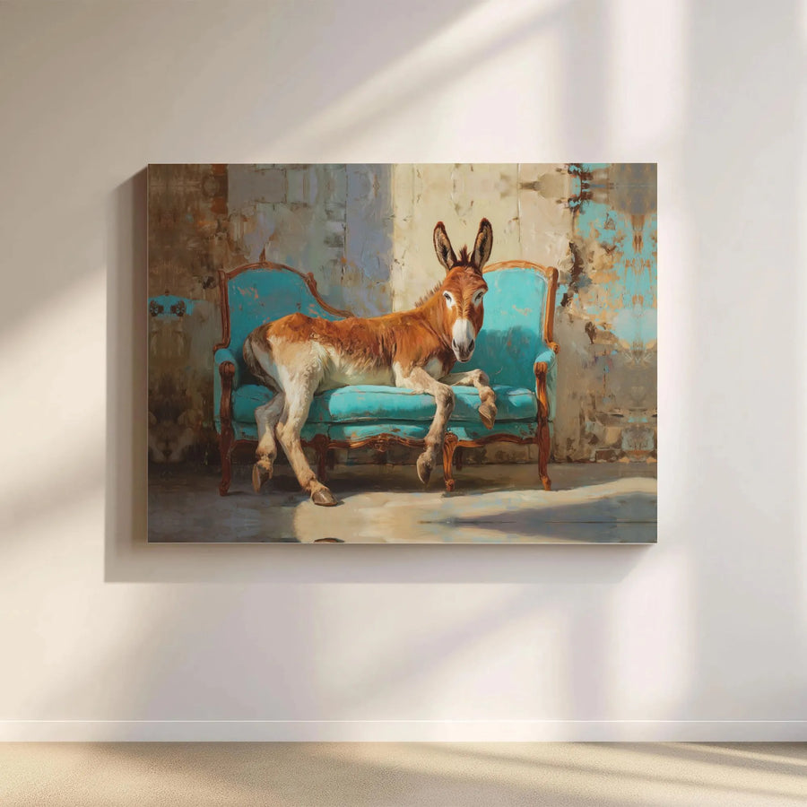 Donkey Wall Art | Funny Animal Lounging on Turquoise Sofa Painting | Premium Gallery Wrap Canvas | Whimsical Farmhouse Home Decor Gift