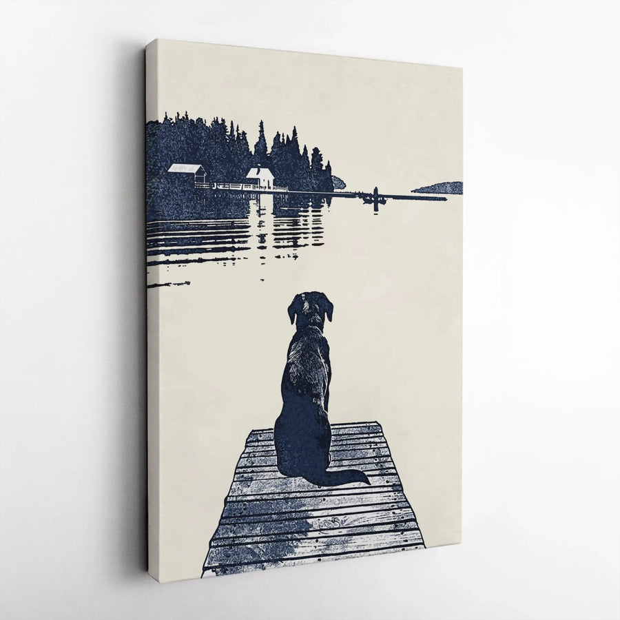 Dog on Dock Lake Canvas Art | Serene Forest Waterfront Landscape | 1.25 Inch Gallery Wrap | Peaceful Nature Wall Decor for Dog Lovers