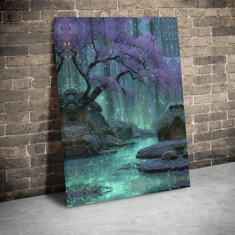 Enchanted Forest Canvas Wall Art | Glowing River & Purple Blossom Tree | Premium Gallery Wrap Print | Fantasy Home Decor for Living Room