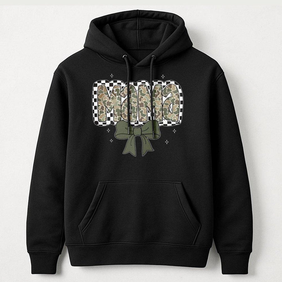Mama Hoodie | Checkered Camo Print with Coquette Bow | Premium Cotton-Poly Blend | Cute Mother's Day 2026 Gift for Mom