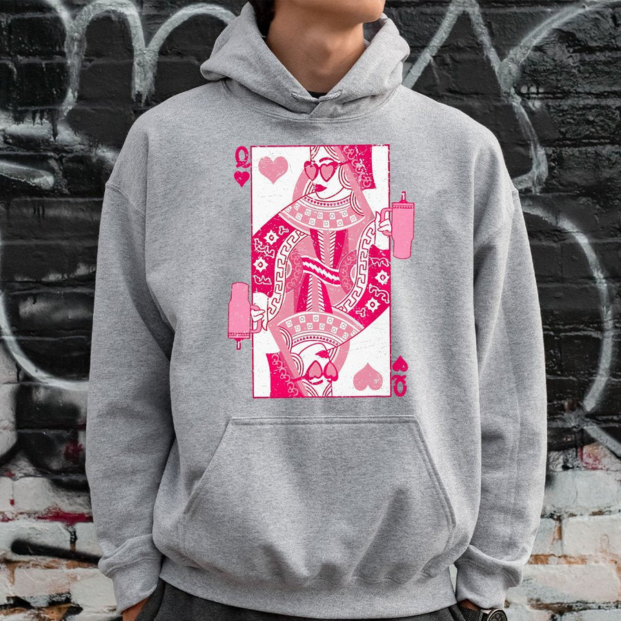 Queen Of Hearts Hoodie | Retro Playing Card Graphic With Tumbler | Soft Cotton-Blend Pullover | Aesthetic Valentine’s Day Gift For Her