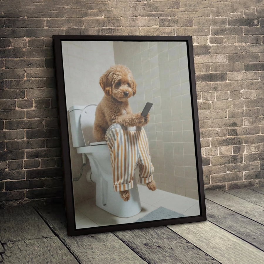 Funny Dog Toilet Poster | Poodle in Striped Pajamas Using Phone | Premium Gallery Wrapped Canvas | Humorous Bathroom Wall Art Decor Gift