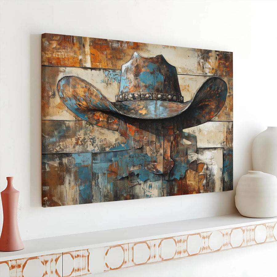 Rustic Cowboy Hat Canvas Wall Art | Textured Abstract Western Painting | Premium Gallery Quality Print | Modern Farmhouse Living Room Decor Gift