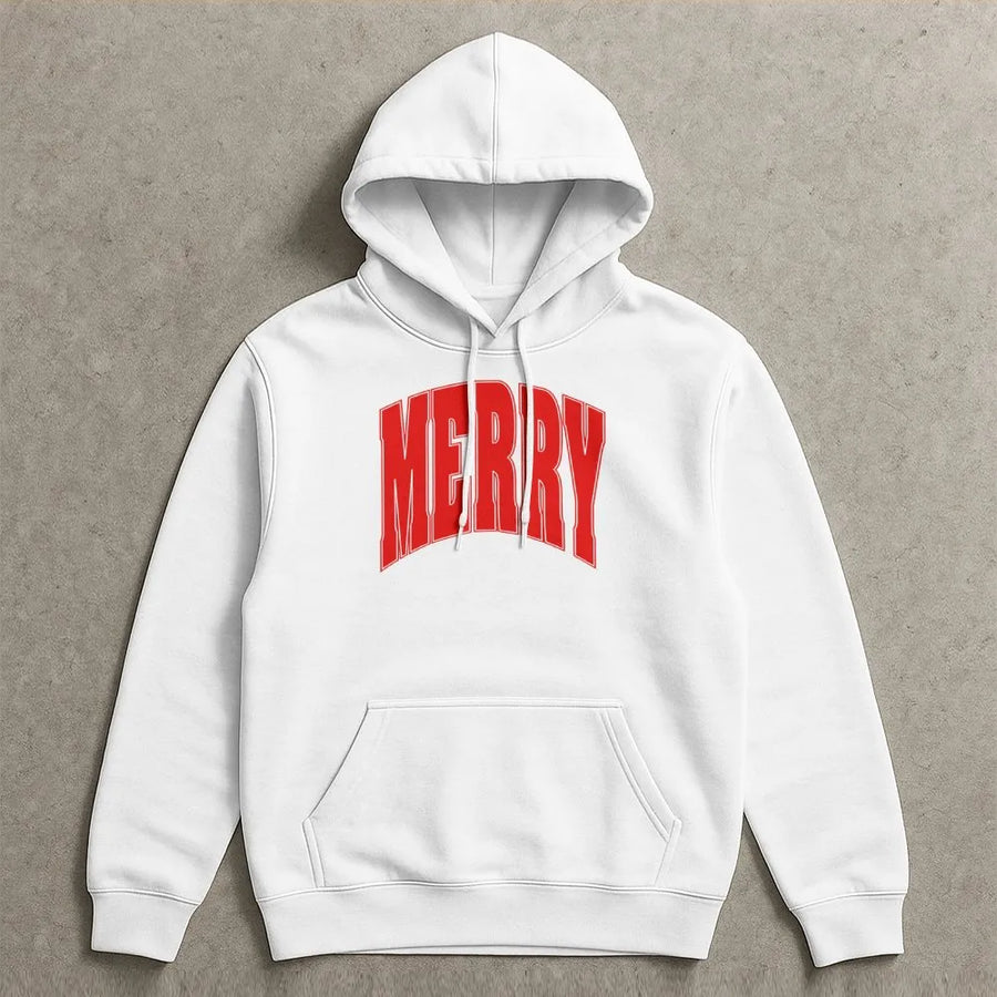 Merry Christmas Hoodie | Bold Varsity Font Graphic | Premium Cotton Blend Sweatshirt | Unisex Holiday Gift for Men and Women