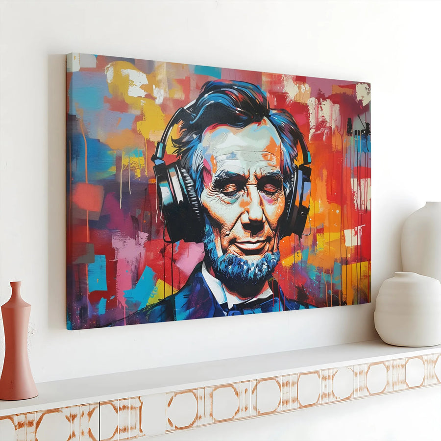 Abraham Lincoln Canvas Art | Colorful Pop Art Graffiti Print | 1.25 Inch Gallery Wrap | Unique Music Lover Office Decor Gift