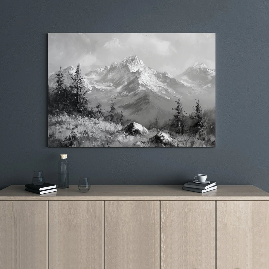 Mountain Landscape Canvas Wall Art | Black And White Pine Tree Forest | Premium Gallery Wrapped Decor | Modern Nature Home Office Gift