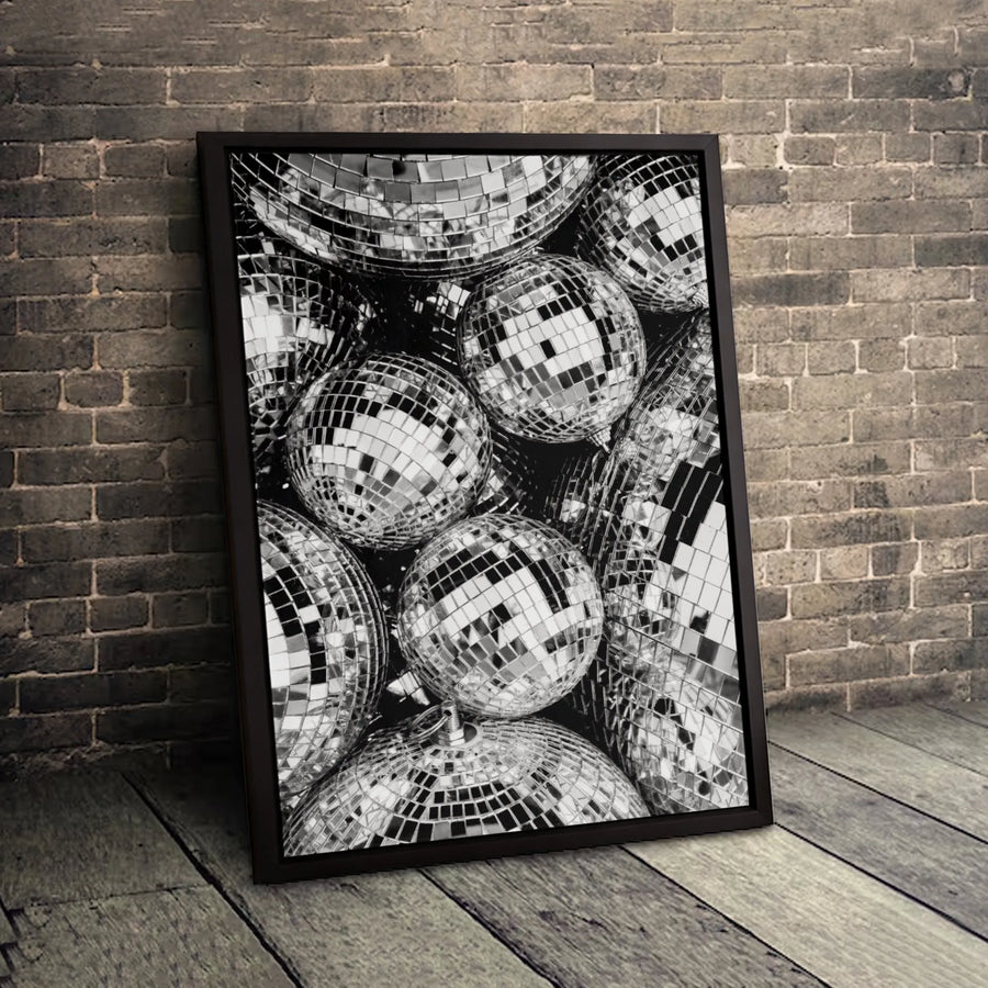 Disco Ball Wall Art | Monochrome Party Aesthetic Print | Premium Gallery Wrapped Canvas | Retro Modern Decor For Living Room