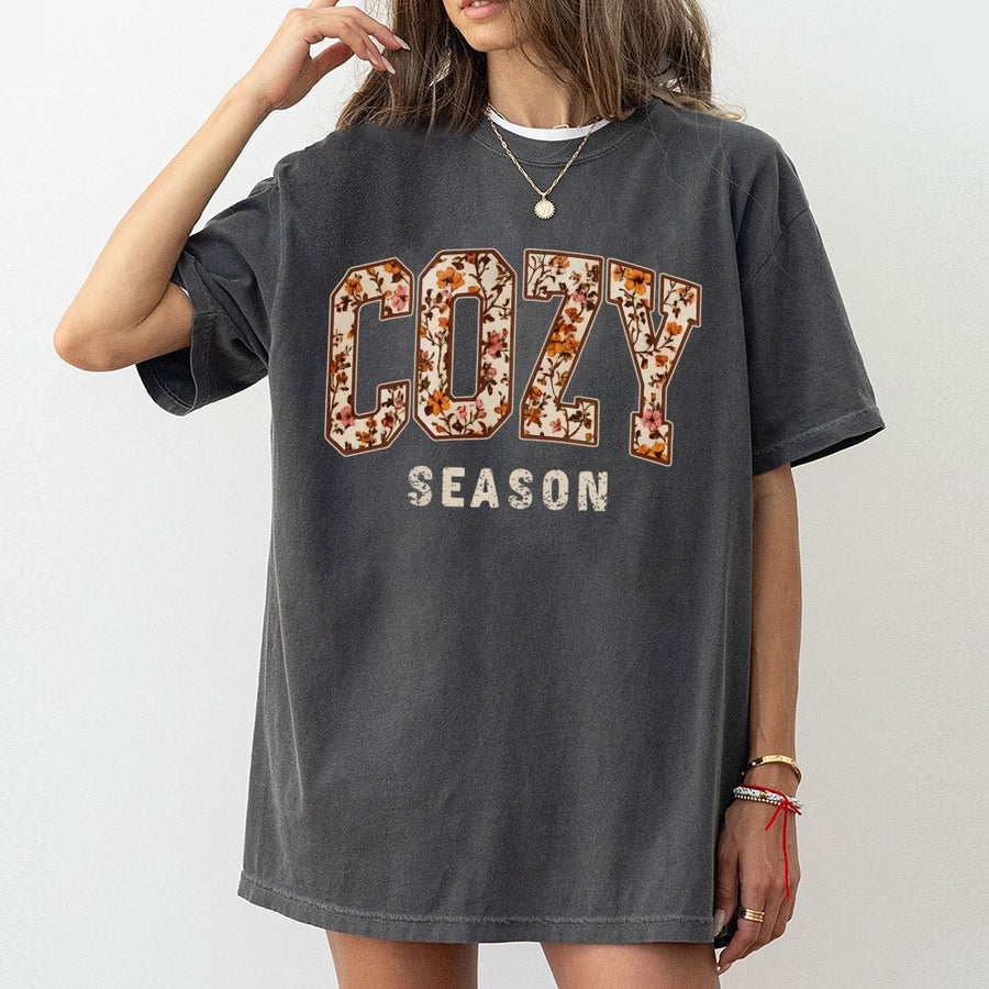 Cozy Season T-Shirt | Floral Varsity Letter Graphic | Premium 100% Cotton Tee | Aesthetic Fall Outfits and Autumn Gift for Her