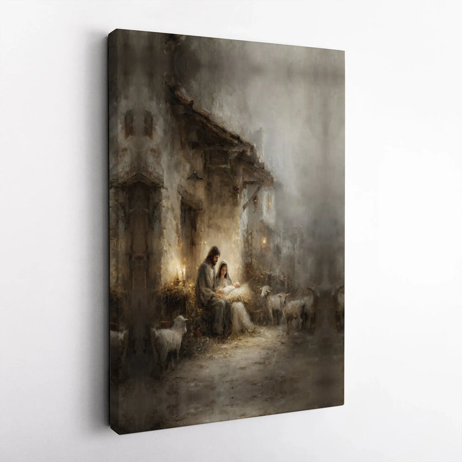 Nativity Scene Canvas Wall Art | Rustic Holy Family Oil Painting Style | Premium Gallery Wrap Print | Religious Christmas Home Decor Gift