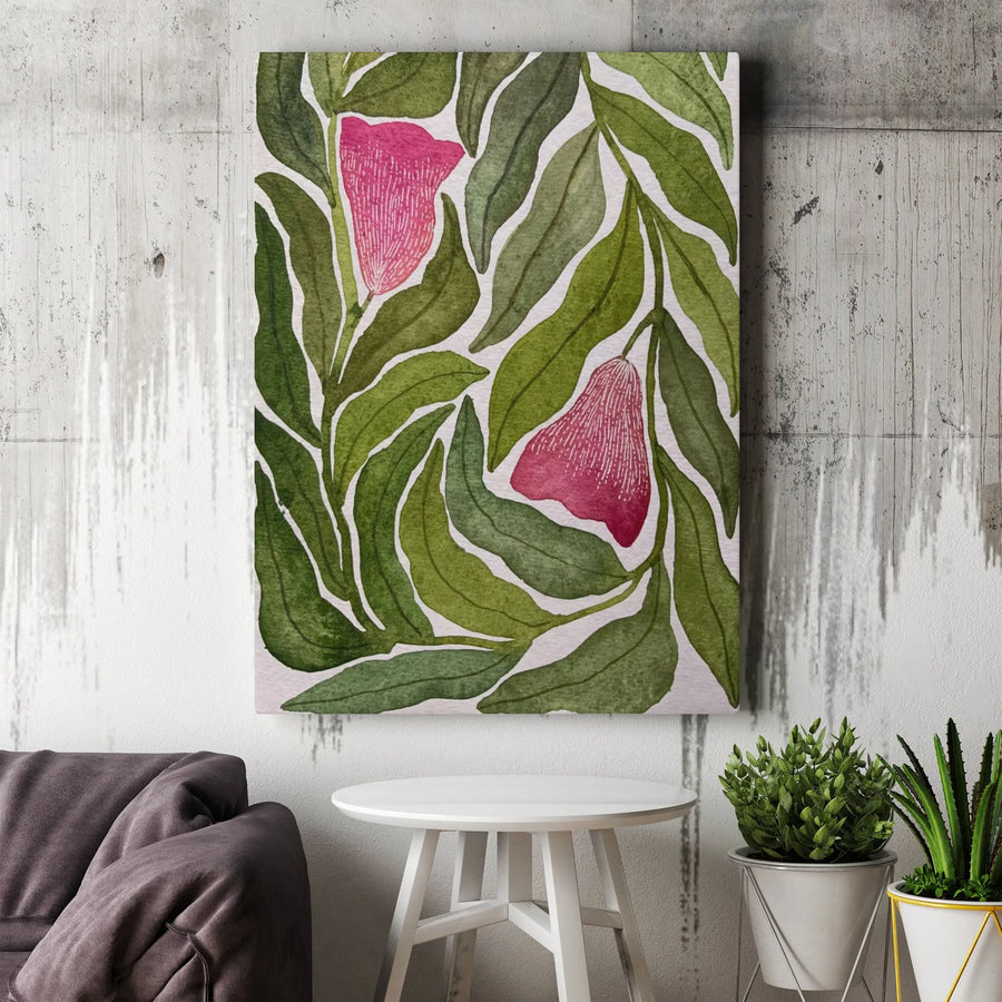 Watercolor Floral Canvas Print | Botanical Green Leaf & Pink Flower Art | Premium Gallery Wrapped Wall Decor | Limited Edition Gift for Home