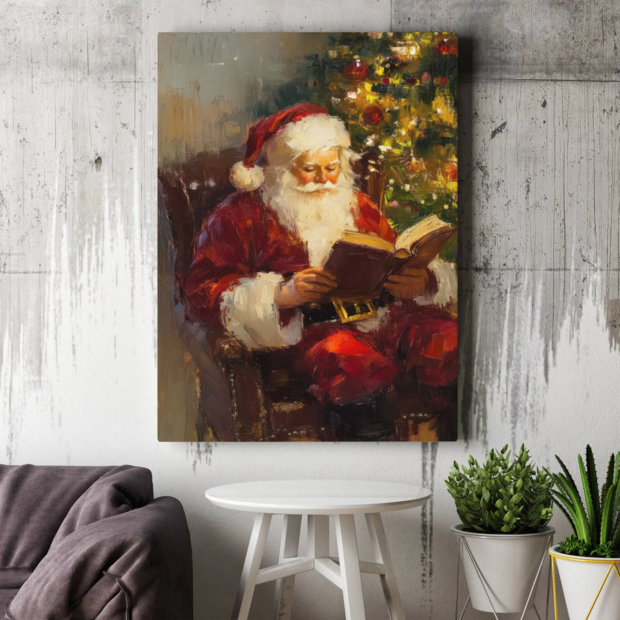 Santa Claus Canvas Wall Art | Oil Painting Style Reading by Christmas Tree | Gallery Quality 1.25” Thick Print | Festive Holiday Home Decor Gift