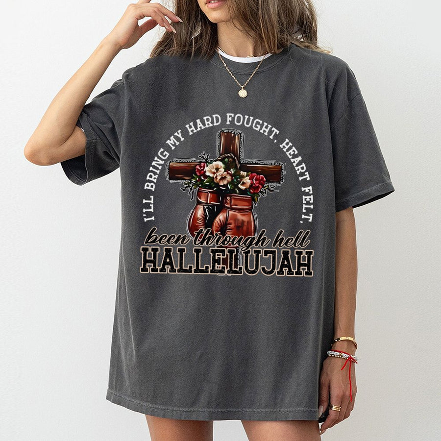 Christian Boxing T-Shirt | Been Through Hell Hallelujah Quote | Premium 100% Cotton Graphic Tee | Inspirational Gift for Strong Women