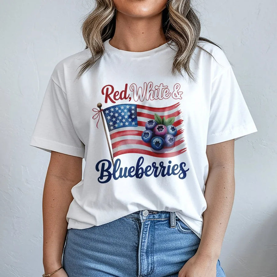 Red White and Blueberries T-Shirt | Patriotic American Flag Fruit Design | Premium Soft Cotton Tee | Fourth of July Summer Party Gift for Adults