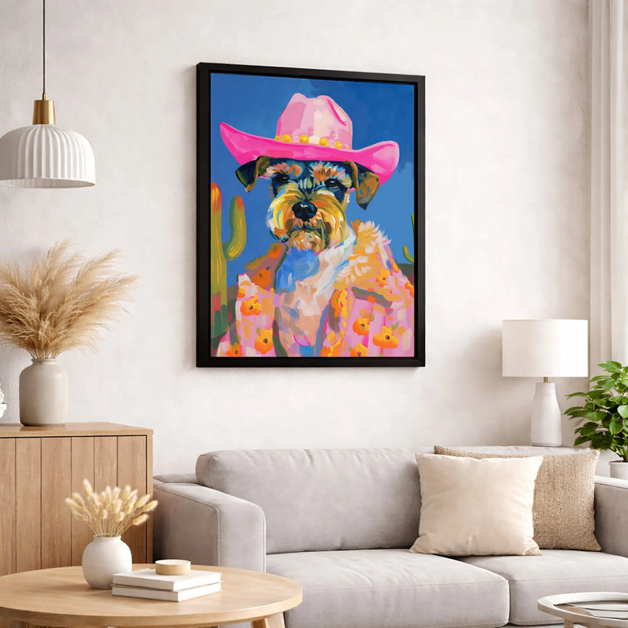 Schnauzer Cowboy Dog Canvas Wall Art | Colorful Western Pop Art Print | 1.25-Inch Premium Gallery Wrap | Unique Dog Lover Gift Home Decor