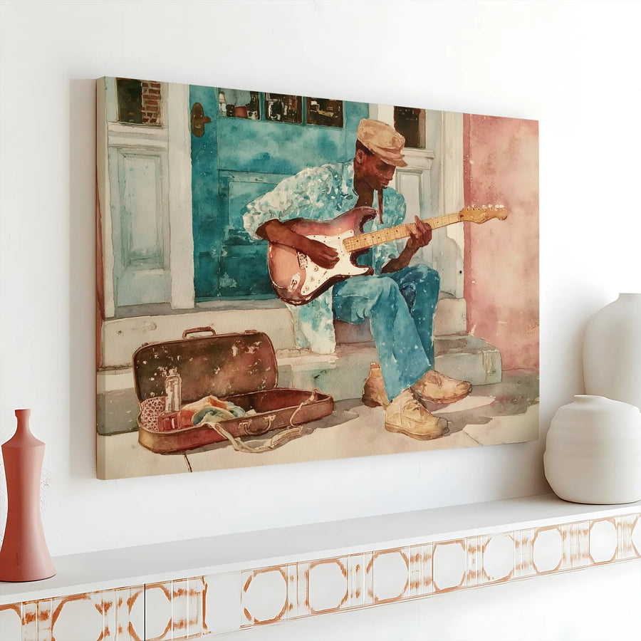 Blues Guitarist Canvas Wall Art | Watercolor Street Performer Painting | Premium Fade-Resistant Print | Collector's Gift for Jazz & Blues Music Lover