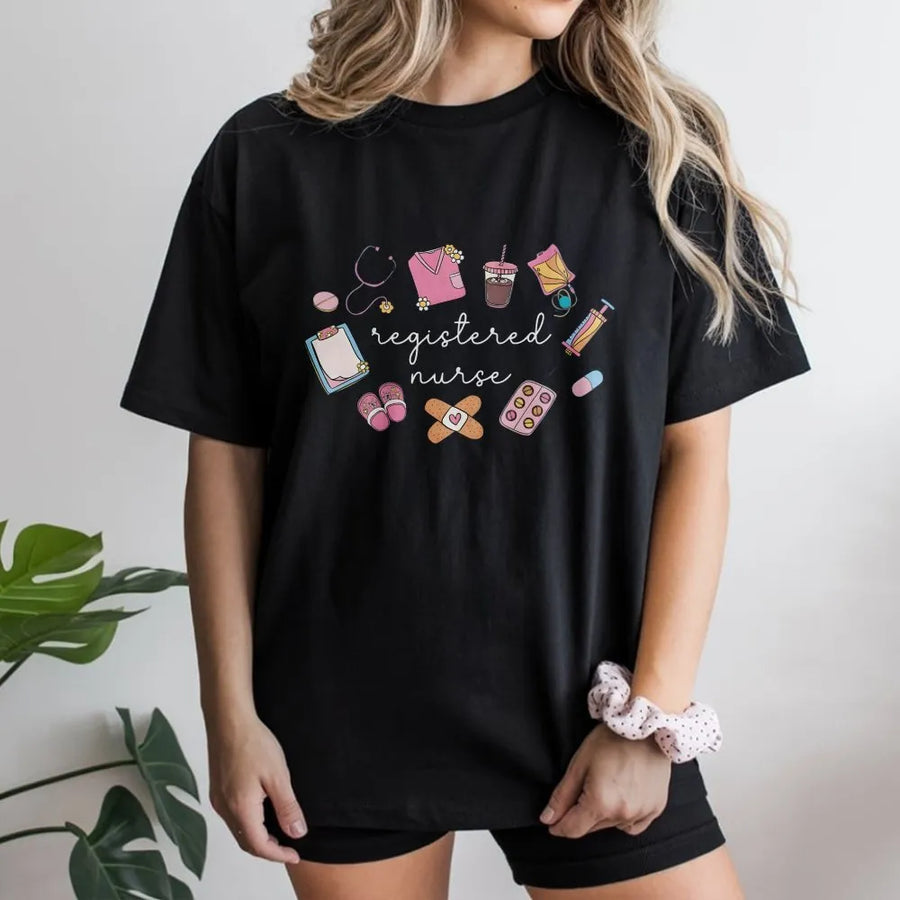 Registered Nurse T-Shirt | Cute Nurse Doodle Graphic | Soft Cotton Blend Pullover | Gift for RN Graduate and Nursing Students
