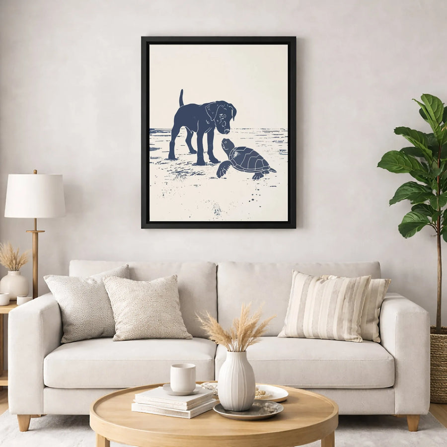 Dog and Sea Turtle Wall Art | Minimalist Coastal Beach Decor | Premium 1.25" Gallery Canvas | Animal Lover Gift Idea