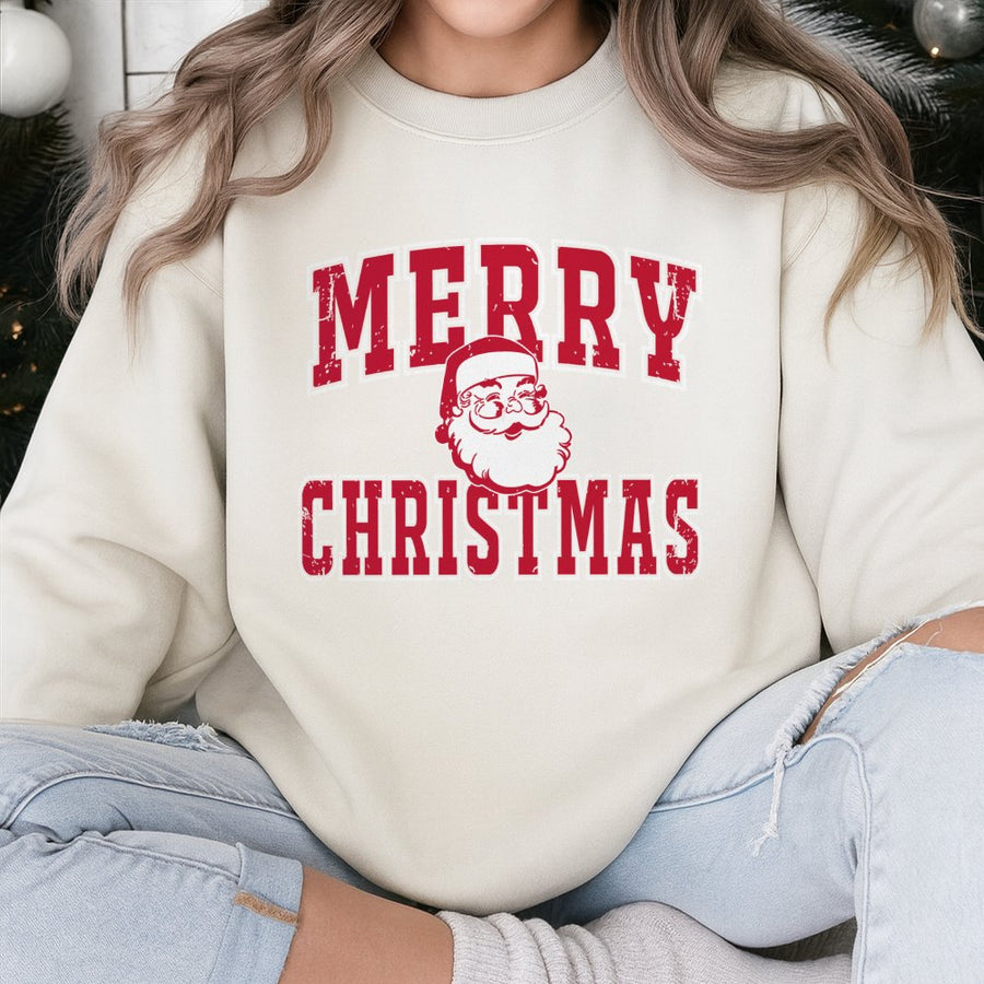 Merry Christmas Santa Sweatshirt | Distressed Retro Graphic Print | Cotton Blend Premium Crewneck | Holiday Gift For Men And Women