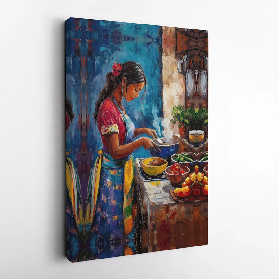 Hispanic Woman Cooking Canvas Wall Art | Vibrant Kitchen Painting Print | Premium Gallery Wrapped Canvas | Cultural Home Decor Gift