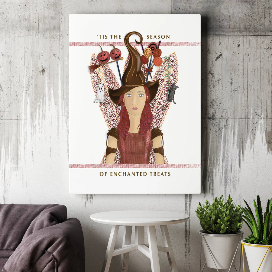 Halloween Witch Wall Art | 'Tis The Season Of Enchanted Treats Illustration | Premium 1.25" Gallery Canvas | Spooky Home Decor Gift