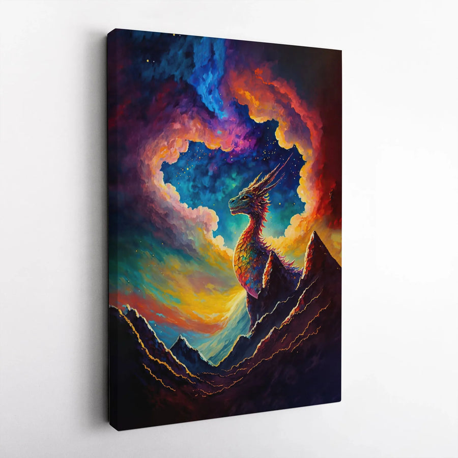 Fantasy Dragon Canvas Wall Art | Vibrant Nebula Galaxy Mountain Landscape | Gallery Wrap Premium Print | Magical Home Decor Gift for Fantasy Fans