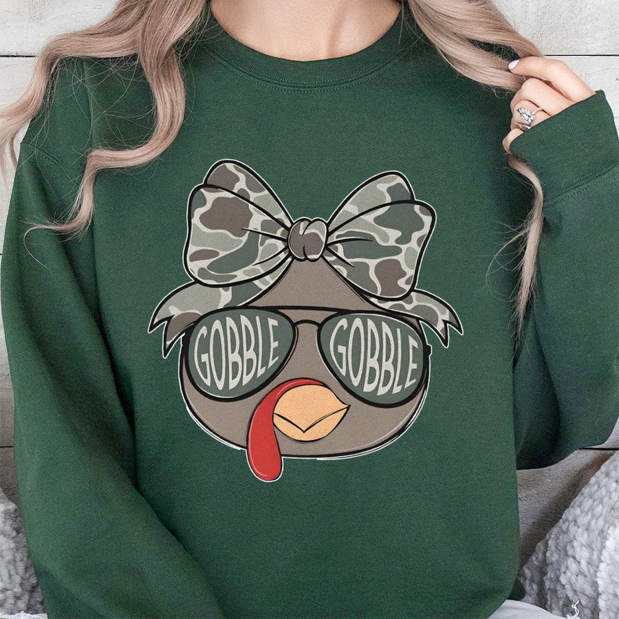 Thanksgiving Turkey Sweatshirt | Funny Camo Coquette Bow Graphic | Premium Soft Blend Crewneck | Cute Holiday Gift For Women