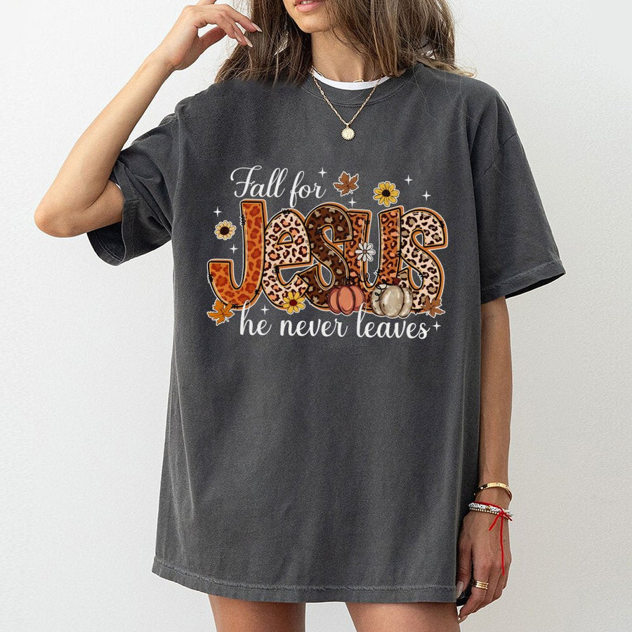 Fall For Jesus T-Shirt | Christian Autumn Leopard Pumpkin Print | 100% Cotton Premium Tee | Religious Fall Gift for Women & Men