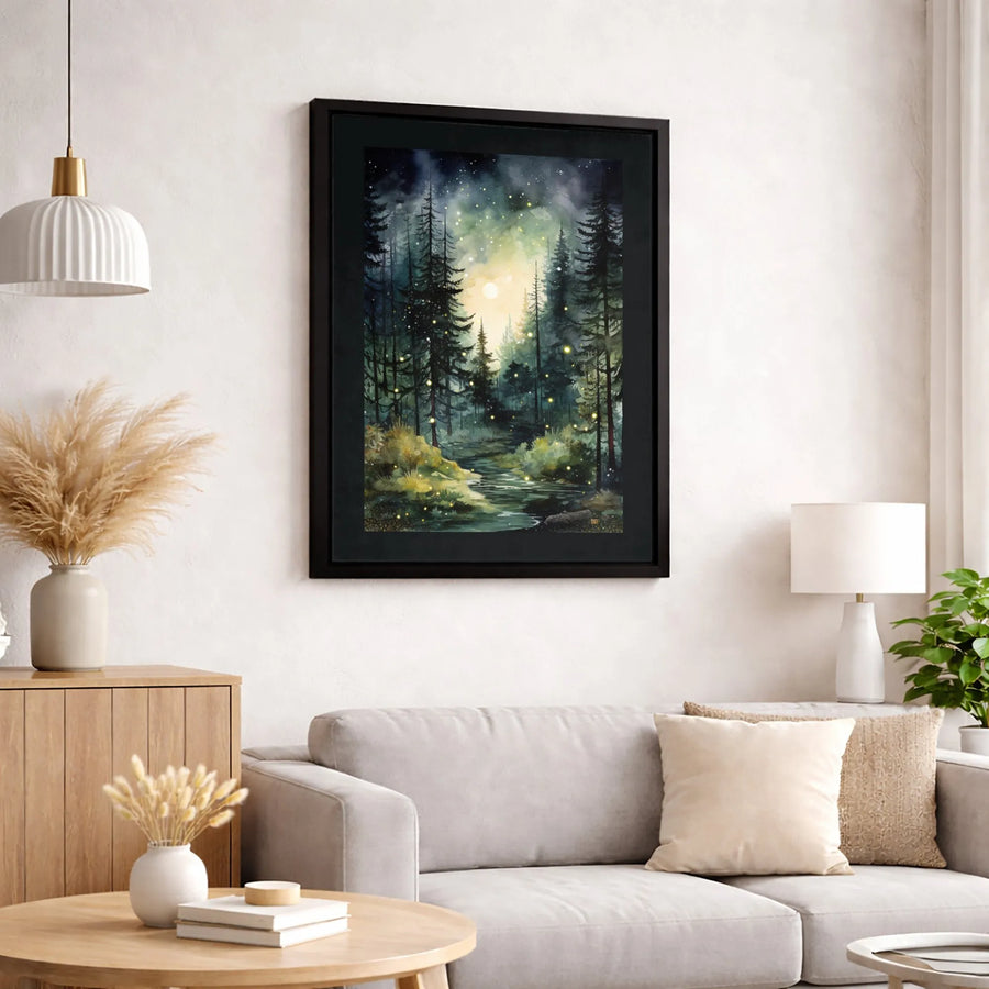 Enchanted Forest Canvas Wall Art | Moonlight Fireflies Watercolor Landscape | Premium Fade-Resistant Gallery Wrap | Whimsical Nature Home Decor Gift
