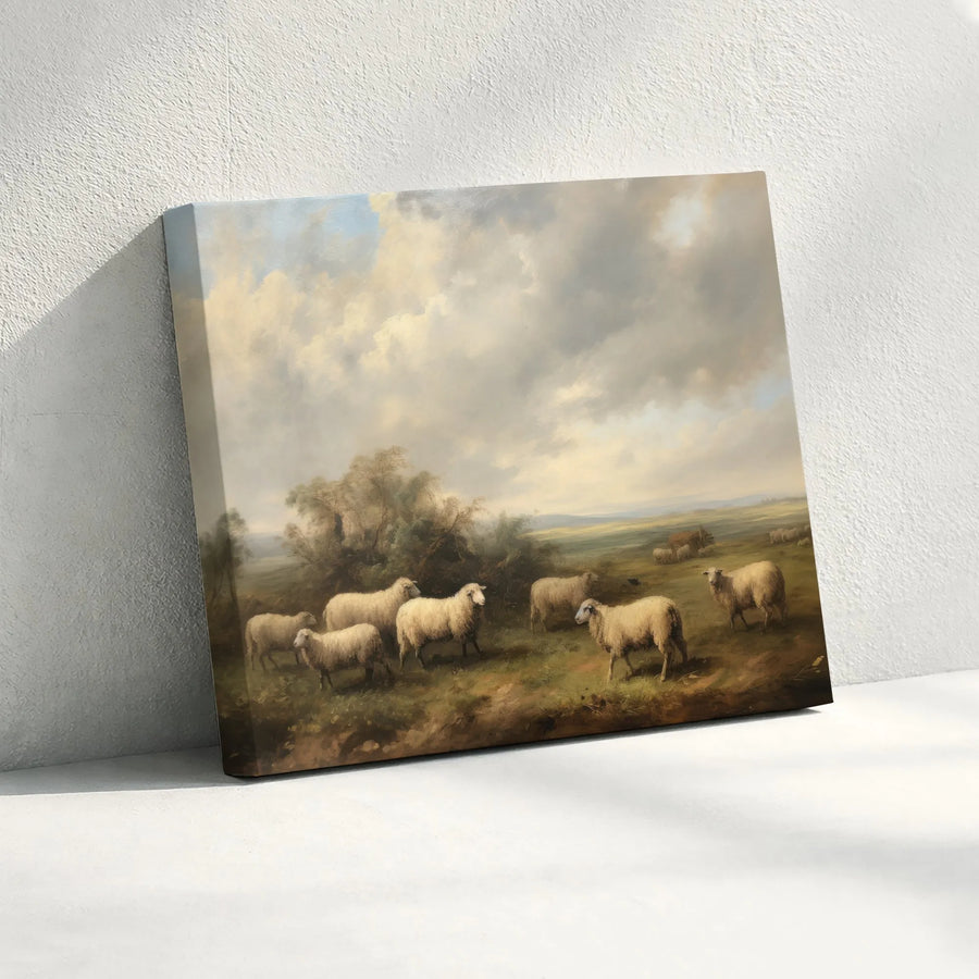 Sheep Landscape Canvas Print | Vintage Pastoral Farmhouse Wall Art | Premium Fade-Resistant Gallery Wrap | Rustic Home Decor Gift