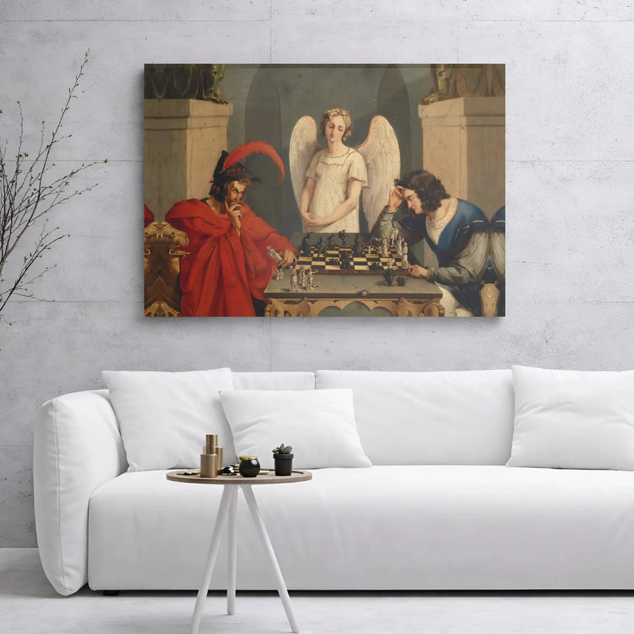 The Chess Players Canvas Wall Art | Moritz Retzsch Devil vs Man Painting | Premium Gallery Wrap Print | Gothic Home Decor & Office Gift