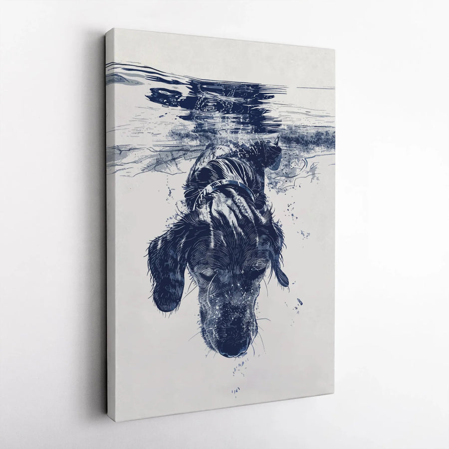 Dog Swimming Underwater Canvas Art | Blue Sketch Animal Wall Decor | Premium Fade-Resistant Gallery Print | Gift for Dog Lovers