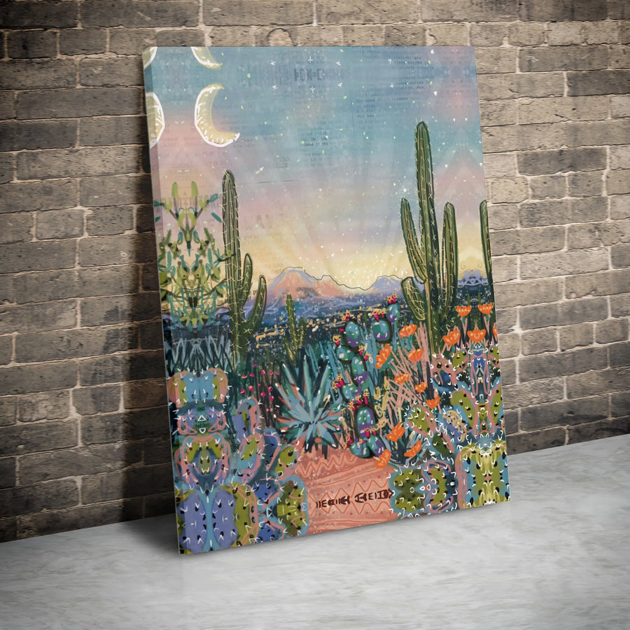 Boho Southwestern Desert Canvas Art | Cactus Landscape With Celestial Moons | Premium 1.25" Gallery Wrap | Western Home Decor Gift