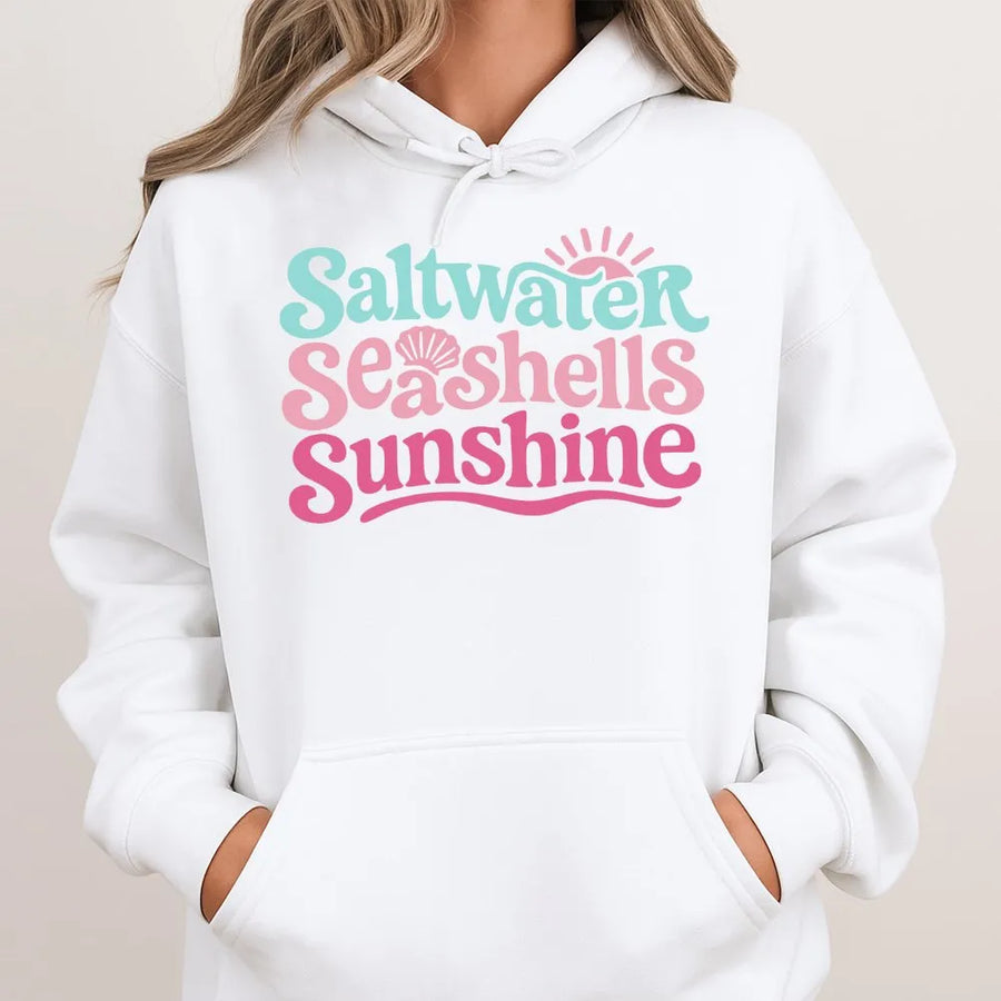 Summer Beach Hoodie | Saltwater Seashells Sunshine Graphic | Soft Cotton Blend | Cute Ocean Lover Vacation Gift for Women