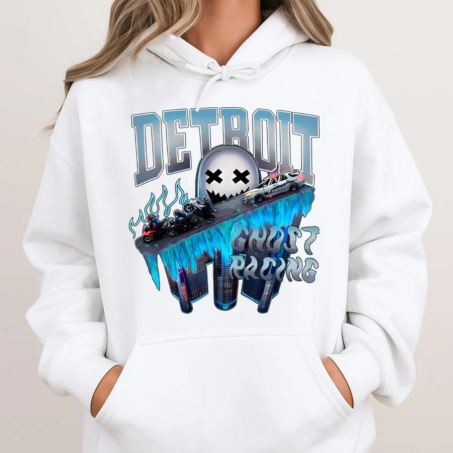 Detroit Ghost Racing Hoodie | Streetwear Biker Graphic Pullover | Premium Cotton Blend | Edgy Urban Gift For Men and Women
