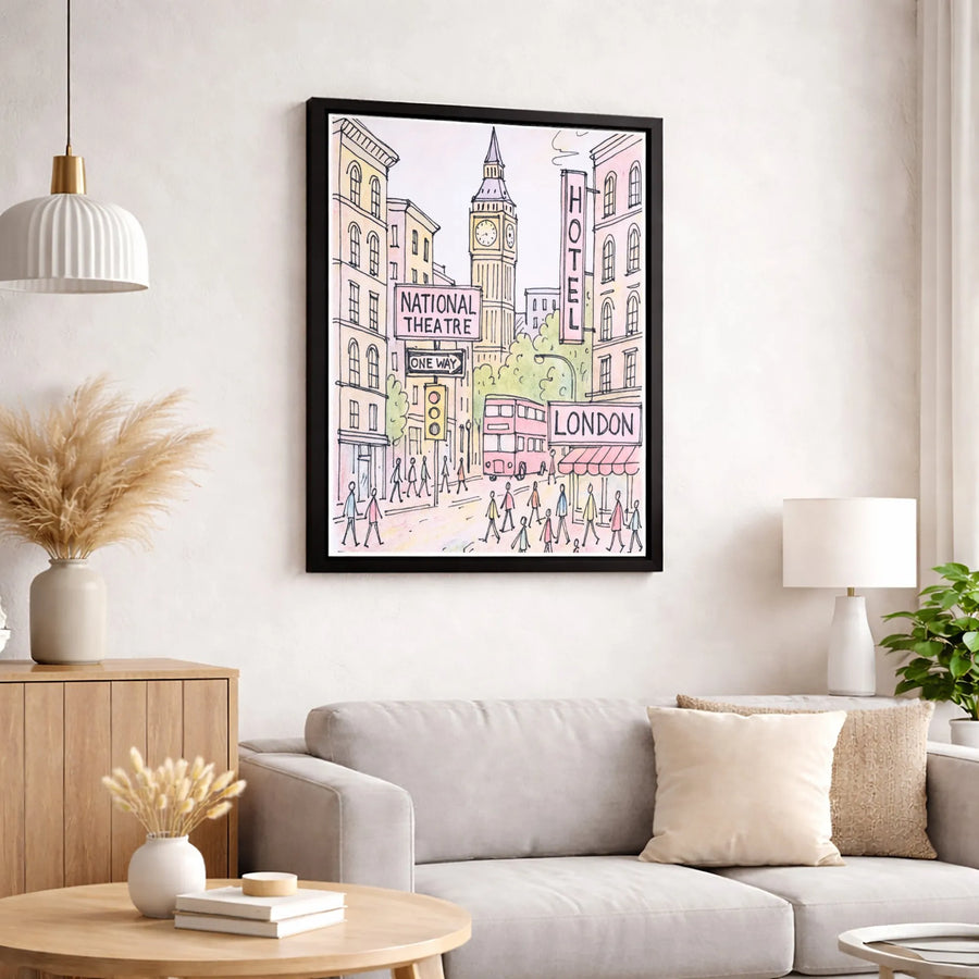 London City Sketch Canvas | Big Ben & Red Bus Illustration | Gallery Wrapped Premium Print | Travel Decor Gift for England Lovers