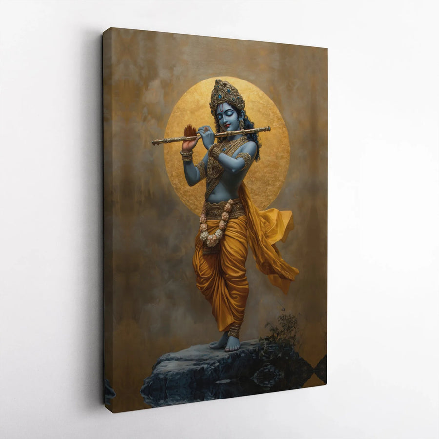 Lord Krishna Playing Flute Wall Art | Spiritual Golden Halo Hindu Deity Canvas | Premium Gallery-Wrapped Print | Devotional Home Decor Gift